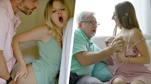 Сводный дедушка и отчим трахают подростков, дергая их за волосы